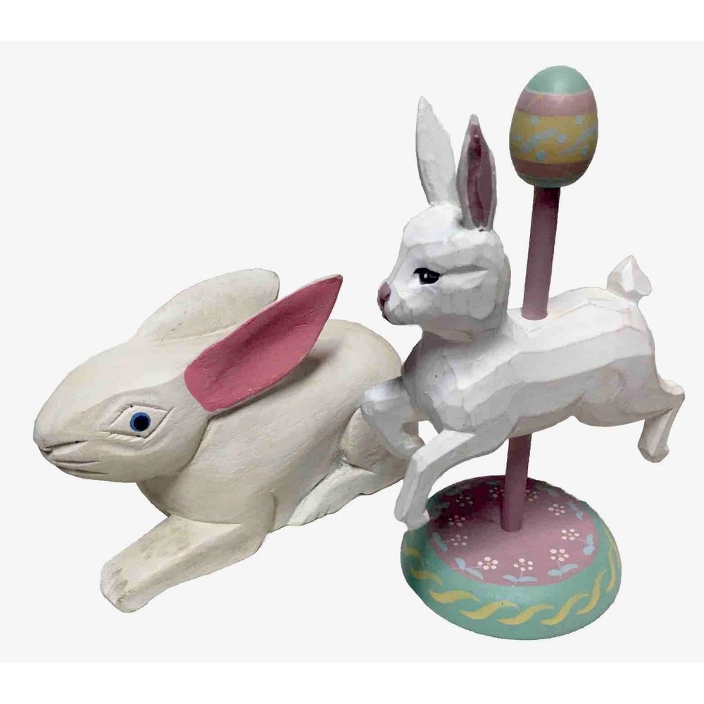 Pair Of 2 Wood Carved Rabbits Bunnies Primitive Folk Art Wooden Easter Pier One